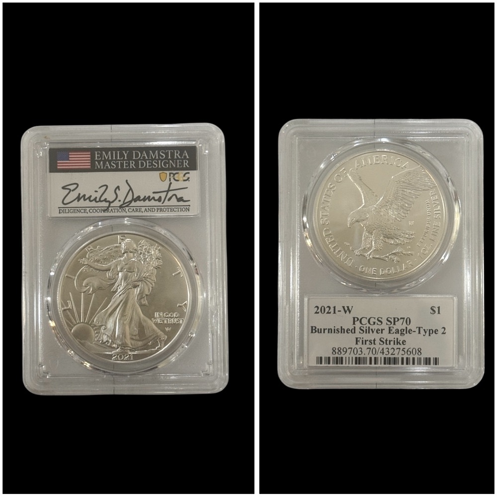 EMILY DAMSTRA  2021-W Signed PCGS SP70  Silver Eagle -Type 2 First‎ Strike Coin